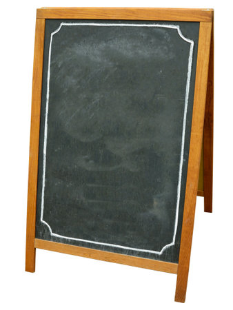 Blank chalkboard with wooden frame isolated on white background. can add your own text on space.の写真素材
