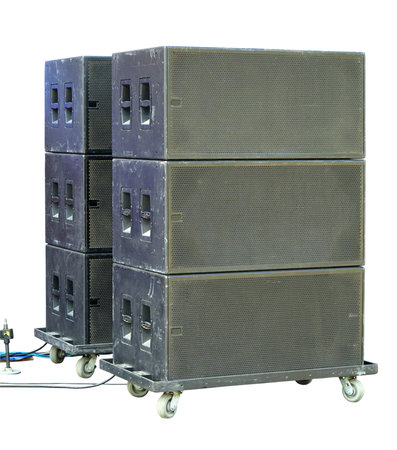 Old industrial powerful stage sound speakers isolated over white backgroundの写真素材