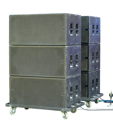 Old industrial powerful stage sound speakers isolated over white backgroundの写真素材