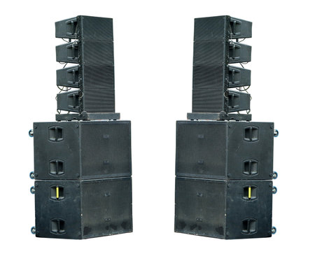 Old industrial powerful stage sound speakers isolated over white backgroundの写真素材
