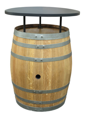 Stylish table made from an old wooden barrel isolated on white backgroundの写真素材
