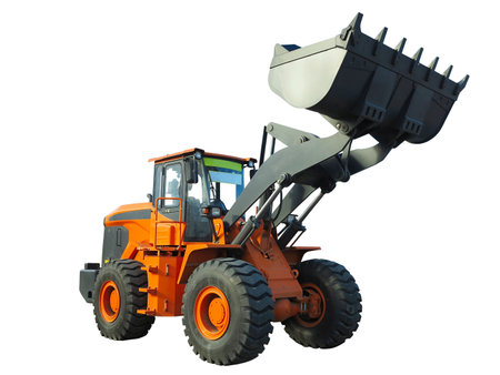 A large front loader excavator construction machinery equipment isolated over white backgroundの写真素材