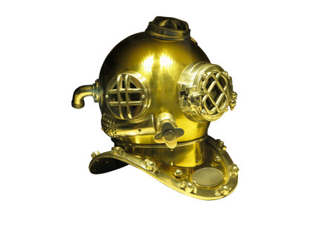 Diving equipment. Bronze helmet from the diver's suit isolated over white backgroundの写真素材