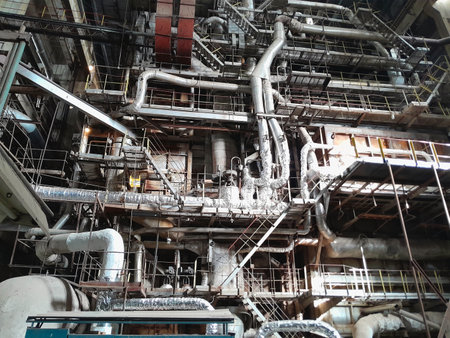 Equipment, piping and electrical machines inside of a modern industrial power plant