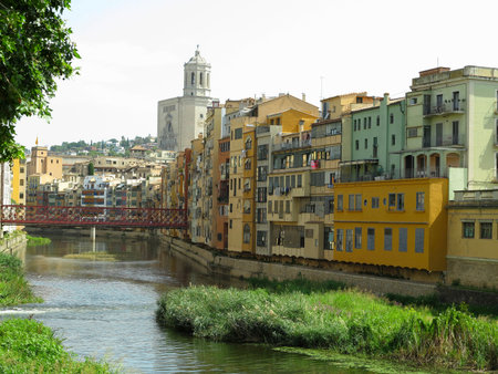 Girona, Spain - July 8, 2023: Views of the old medieval city of Girona.のeditorial素材