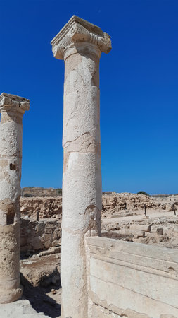 19.06.2025, Paphos, Cyprus: Ruins of the ancient city of Paphos in Cyprus with pillars, columns and mosaicの写真素材