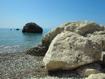 Blue sea and rocks in the area of ââAphrodite's rock  on Cyprus islandの写真素材