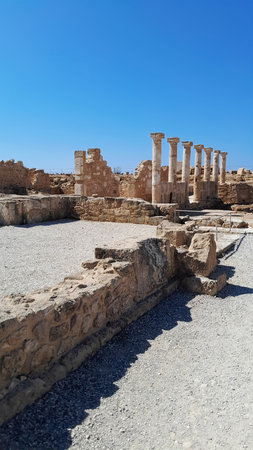 19.06.2025, Paphos, Cyprus: Ruins of the ancient city of Paphos in Cyprus with pillars, columns and mosaicの写真素材