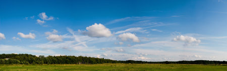Summer in the hayfield and blue sky with cloudsの写真素材