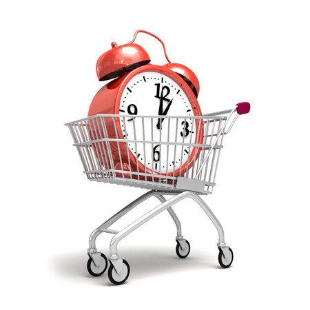 Time to buy, alarm clock in shopping cart   trolley on white background の写真素材