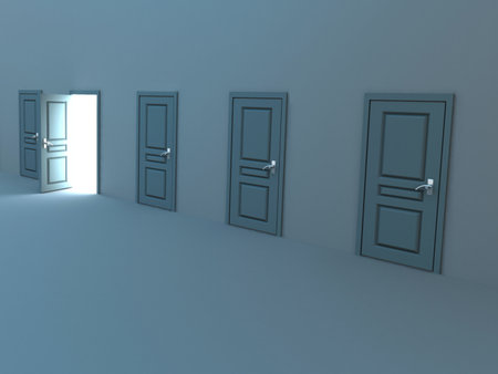  Open door to white lighted room の写真素材