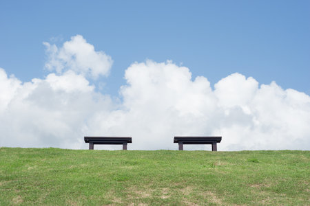 Two chair sitting empty on green grass with cloudy