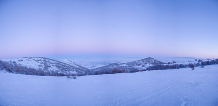 Winter landscape in Rodopi Mountains. Bulgaria, at sunrise. Panoramic view.の写真素材