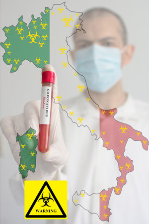 Doctor wearing a medical face mask and gloves, holding a blood test for the Coronavirus COVID-19 pandemic rapidly spreading and national flag of Italy. Coronavirus warning conceptual photo.の写真素材