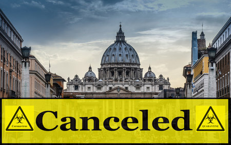 The Papal Basilica of Saint Peter in the Vatican, famous tourist attraction in Rome, Italy. Travel vacations canceled because of pandemic of coronavirus Covid-19, conceptual photo.の写真素材