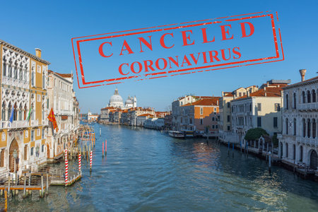 The famous Grand Canal in Venice, Italy. Travel vacations canceled because of pandemic of coronavirus Covid-19, conceptual photo.の写真素材