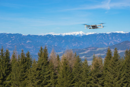 White drone with photo camera flying in the blue sky and beautiful mountain landscape in the backgroundの写真素材