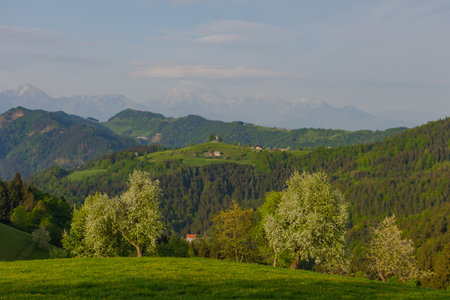 Slovenian breathtaking landscape with Julian Alps and charming little church of Sveti Tomaz (Saint Thomas) on a hill. Beautiful spring in the mountains, in Slovenia.の写真素材