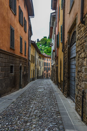 Street in Bergamo, Upper City, famous tourist destination in Lombardy, Italy.の写真素材