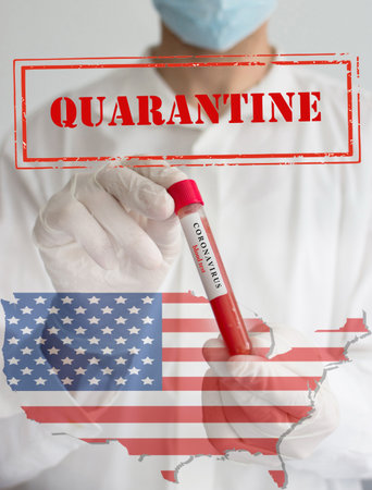 Coronavirus conceptual photo with doctor wearing a medical face mask and gloves, holding a blood test for the COVID-19 pandemic and national flag of United States of America, blurred backgroundの写真素材