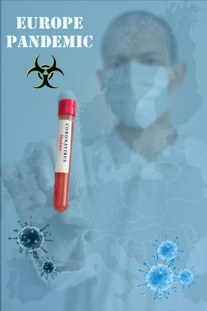 Coronavirus conceptual photo with doctor wearing a medical face mask and gloves, holding a blood test result for the COVID-19 pandemic and europe map, blurred backgroundの写真素材