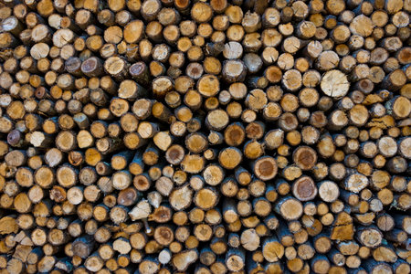 Chopped down tree trunks stacked in a storage yardの写真素材
