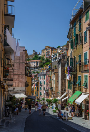 Cinque Terre/Italy-July 12, 2016: street in Riomaggiore, picturesque fishermen village in the...