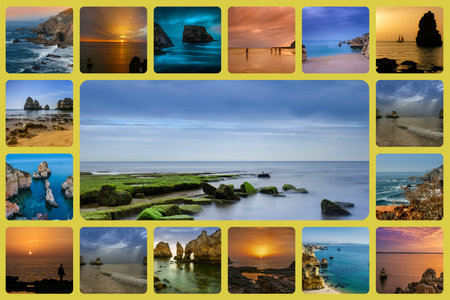 Photo Collage with the beaches and cliffs in Lagos, Algarve's West Coast, Portugal.の写真素材