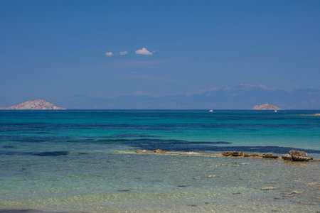 The clear and blue waters of Mediterranean sea in the Saronic gulf, Greece.の写真素材