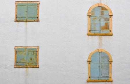 Old windows of the Styrian Armoury (Landeszeughaus), in the city center of of Graz, Austria, the world's largest historic armouryの写真素材