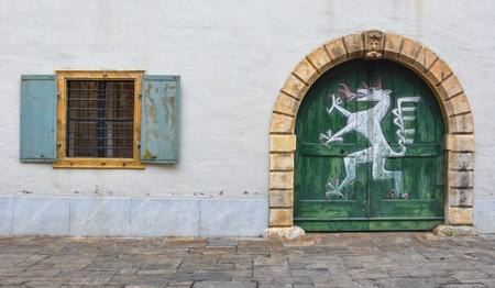 Graz/Austria - February 02, 2020: Old windows and door of the Styrian Armoury (Landeszeughaus), in the city center of of Graz, Austria, the world's largest historic armouryのeditorial素材