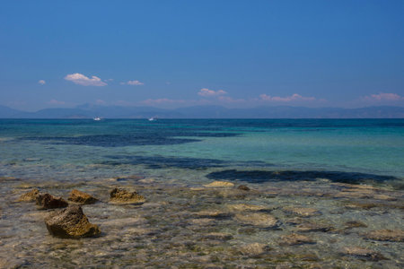 The clear and blue waters of Mediterranean sea in the Saronic gulf, Greece.の写真素材