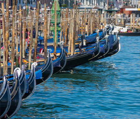 Anchored gondolas in Venice, Italyの写真素材