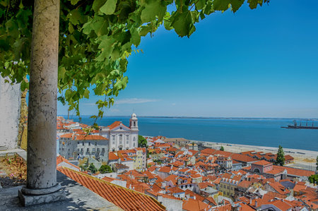 Beautiful panoramic view from Santa Luzia viewpoint (miradouro) to Alfama old town, with Santa Estevao Church, National Pantheon (Santa Engracia Church) and Tagus river, in Lisbon, Portugal.の写真素材