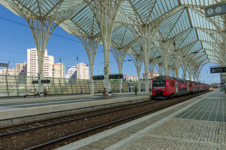 Lisbon, Portugal - 20 august 2017. Modern architecture at Oriente Station (Gare do Oriente), the busiest station (combined bus, train and metro) designed by architect Santiago Calatrava.のeditorial素材