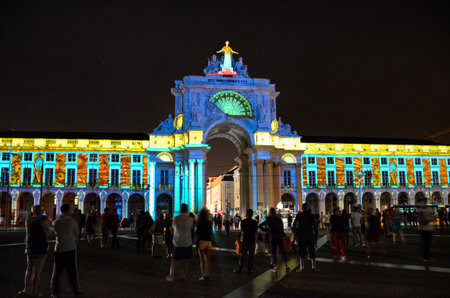 Lisbon, Portugal-20 august 2018: amazing light show on Rua Augusta Arch on Commerce square (Praca do...