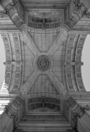 Detail of Rua Augusta Arch, a historical building in Commerce Square (Praca do Comercio), Lisbon, Portugalの写真素材