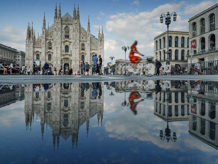 Milan/Italy - July 12, 2016: Reflection of Milan Cathedral, famous tourist destination in Milan, Lombardy region, Italy.のeditorial素材