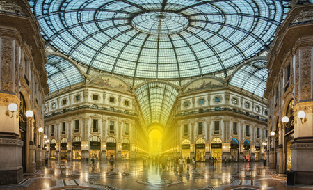 Milan/Italy-July 10, 2016: The glass dome and shops of The Gallery Vittorio Emanuele II, Italy's oldest active shopping mall and a major landmark of Milanのeditorial素材