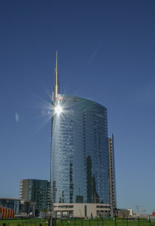 Milan/Italy- July 14, 2019: modern building of Unicredit tower in new Porta Nuova business district, the tallest skyscraper in Italyのeditorial素材