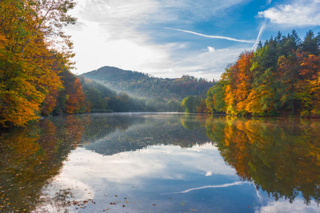 Autumn morning at lake Thal near Graz, Styria region, Austriaの写真素材