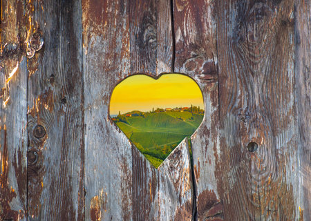 Vineyards along South Styrian Wine Road, a charming region on the border between Austria and Slovenia, seen through an old heart-shaped vintage wooden fenceの写真素材
