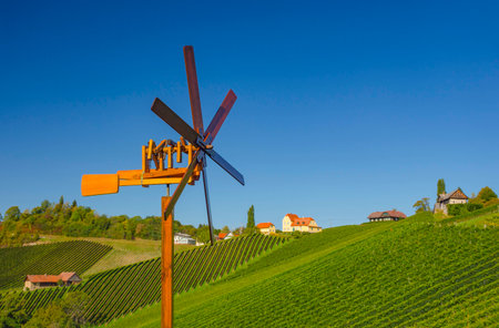 Famous Wine Road in the shape of a heart, a charming region on the border between Austria and Slovenia with green rolling hills, vineyards, picturesque villages and wine tavernsの写真素材