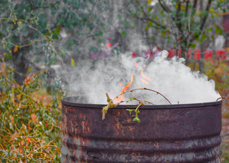 Autumn activity in garden, burning leaves, branches and dry grass in a old rusty barrel. Air pollution from farmers in the countrysideの写真素材