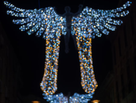 Colorful sparkling winter decorations, illuminated at night.の写真素材