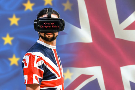BREXIT conceptual image - Man with 4K Glasses watching United Kingdom exit from the European Unionの写真素材