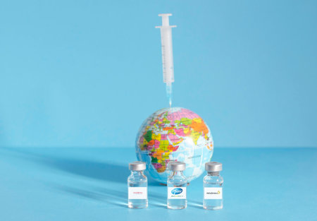 Graz, Austria-26.01.2021: Moderna, Pfizer BioNTech and AstraZeneca vaccine, beginning of worldwide mass vaccination for coronavirus COVID-19, world immunization conceptual photo.のeditorial素材