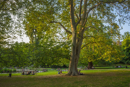 Graz/Austria - June 18, 2019: People relaxing in the park, at sunset, in Graz, Styria region, Austria.のeditorial素材