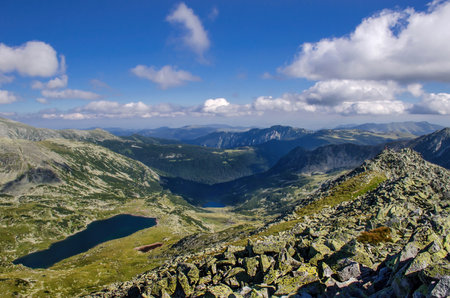 Mountain landscape and glacial Bucura lake in Retezat National Park, Carpathian Mountains, Romaniaの写真素材