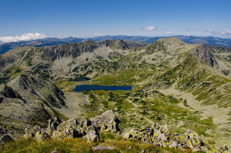 Mountain landscape and glacial Bucura lake in Retezat National Park, Carpathian Mountains, Romaniaの写真素材